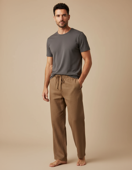 Pantalon Marron Lin Coton Ample Décontracté Homme