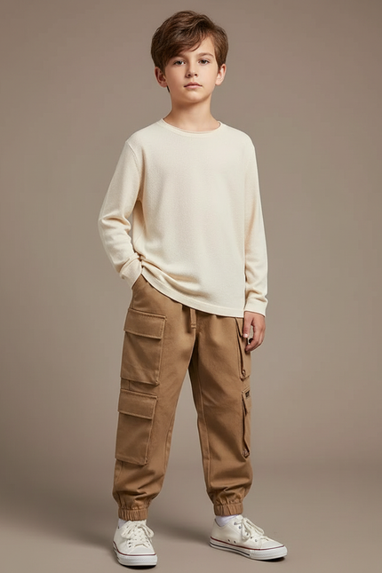 Pantalon Marron Cargo Ample Enfant Décontracté Coton - Toile