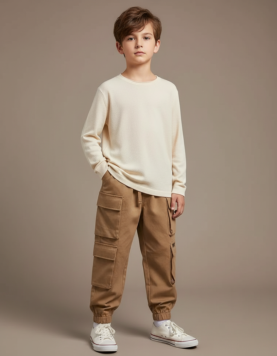 Pantalon Marron Cargo Ample Enfant Décontracté Coton - Toile