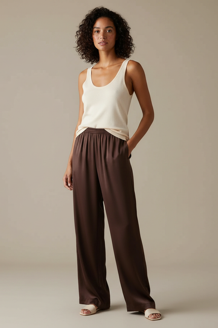 Pantalon Marron Satin Fluide Large Élégant Femme