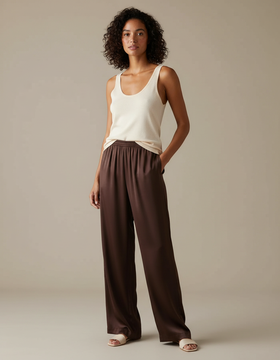 Pantalon Marron Satin Fluide Large Élégant Femme