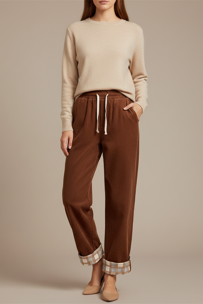 Pantalon Marron Côtelé Doublé Plaid Ample Décontracté - Cordé