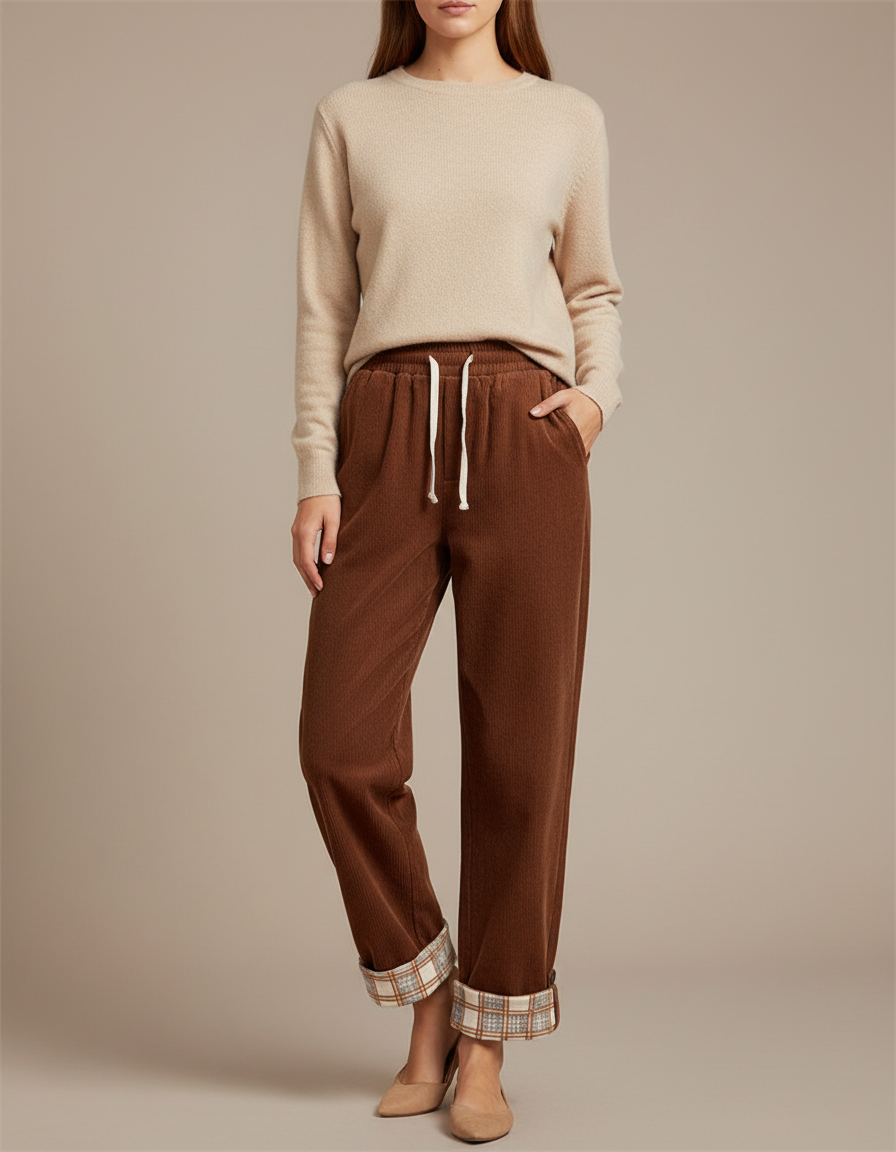Pantalon Marron Côtelé Doublé Plaid Ample Décontracté - Cordé