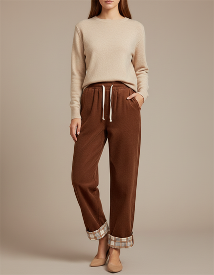 Pantalon Marron Côtelé Doublé Plaid Ample Décontracté - Cordé
