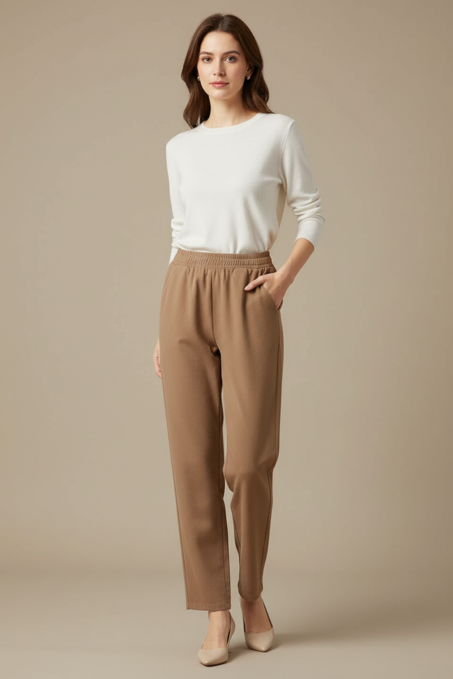Pantalon Marron Élastique Confortable Décontracté Femme Bureau - Molleton