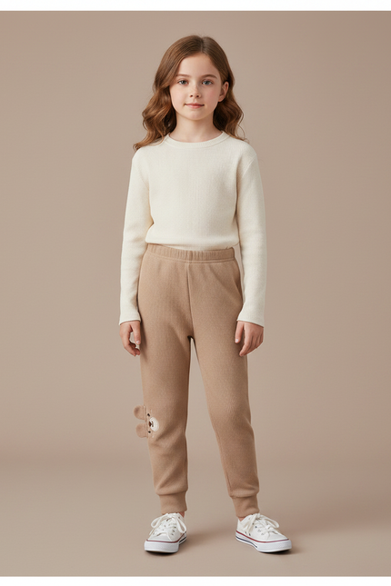 Pantalon Marron Côtelé Enfant Brodé Ours Confortable - Maille