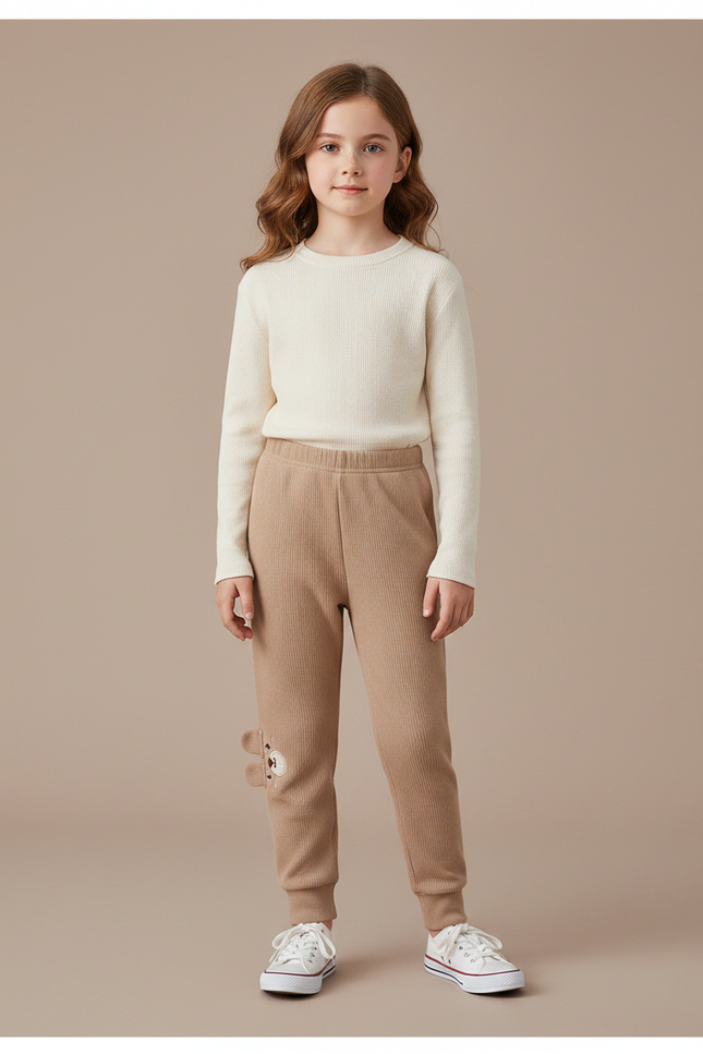 Pantalon Marron Côtelé Enfant Brodé Ours Confortable - Maille