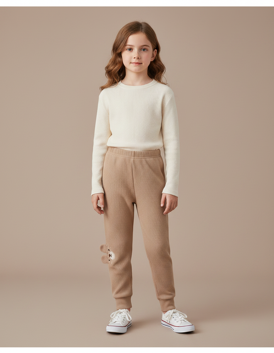 Pantalon Marron Côtelé Enfant Brodé Ours Confortable - Maille