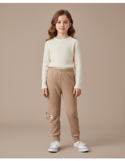 Pantalon Marron Côtelé Enfant Brodé Ours Confortable - Maille