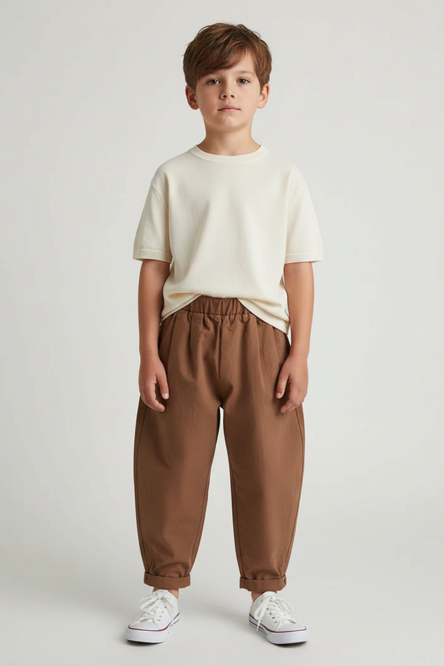Pantalon Marron Ample Coton Décontracté Élastique Enfant