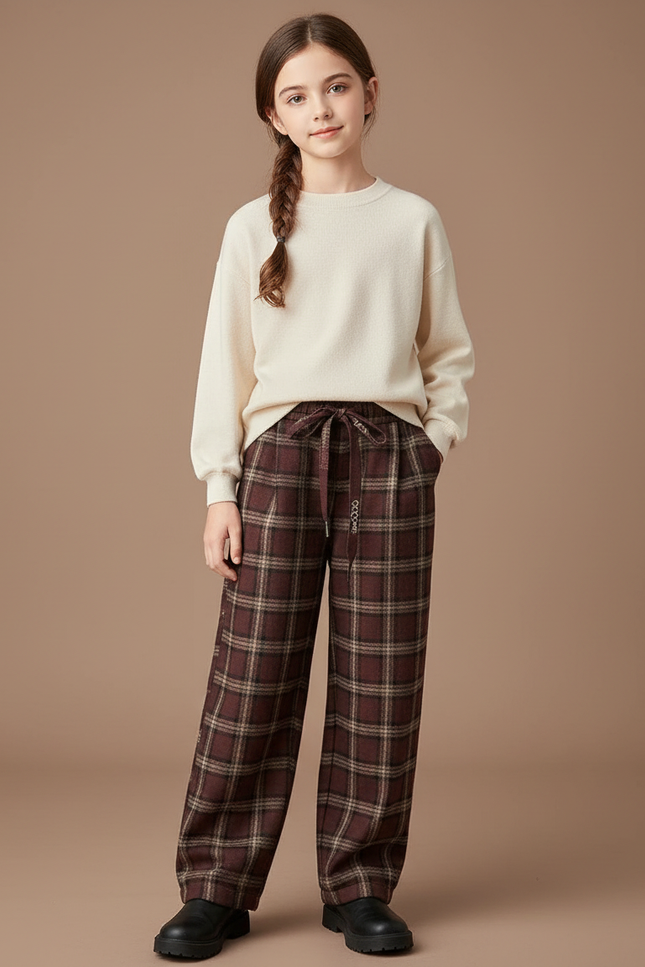 Pantalon Marron Carreaux Ample Hiver Fille - Laine