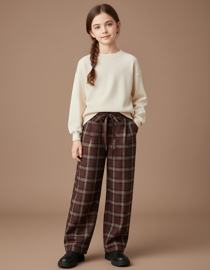 Pantalon Marron Carreaux Ample Hiver Fille - Laine