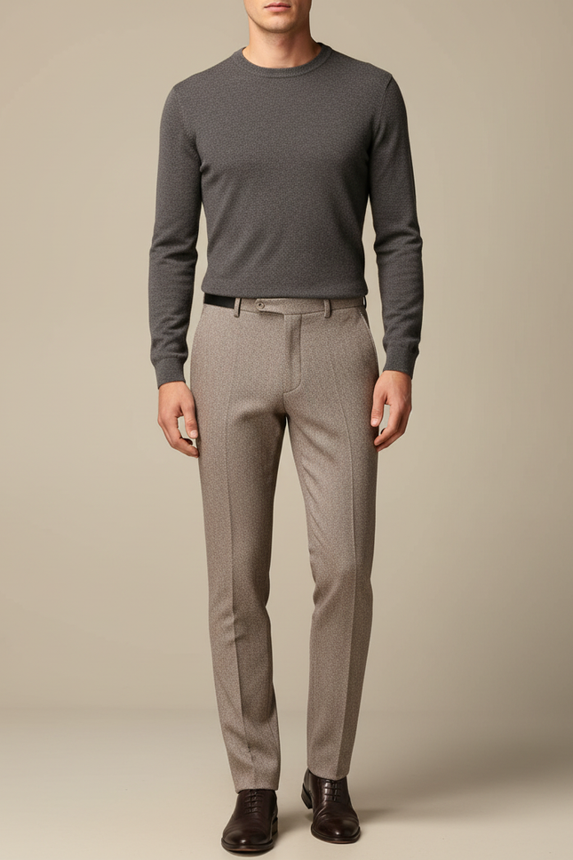 Pantalon Marron Laine Droit Formel Élégant Homme