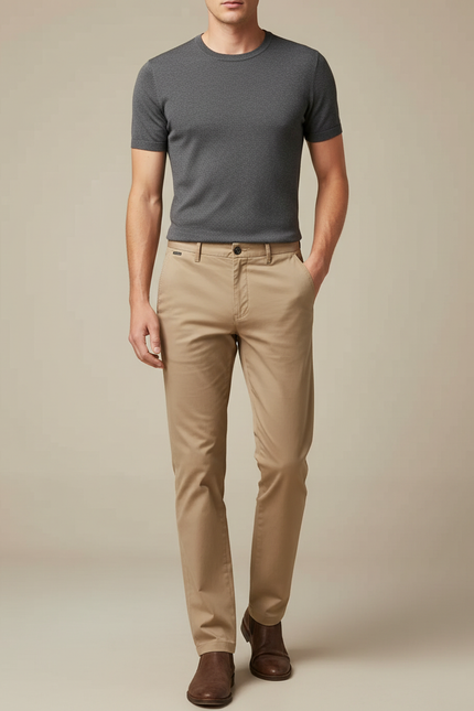 Pantalon Marron Chino Coton Slim Décontracté Homme - Beige