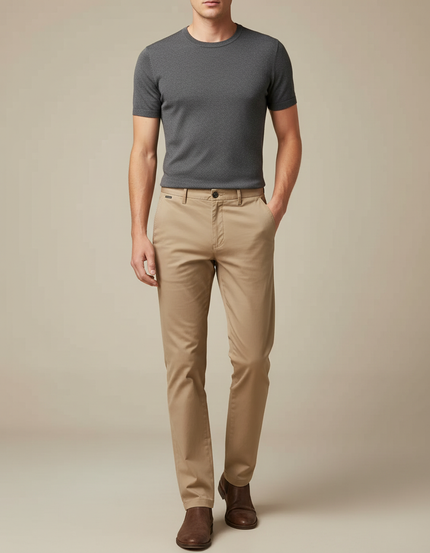Pantalon Marron Chino Coton Slim Décontracté Homme - Beige