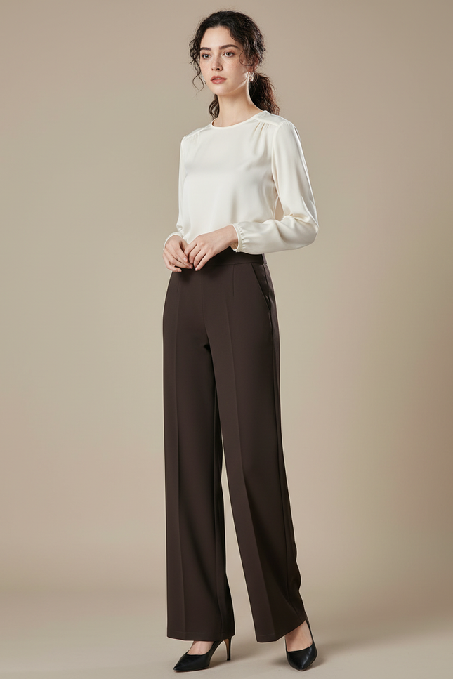 Pantalon Marron Élégant Ample Taille Haute Femme - Polyester