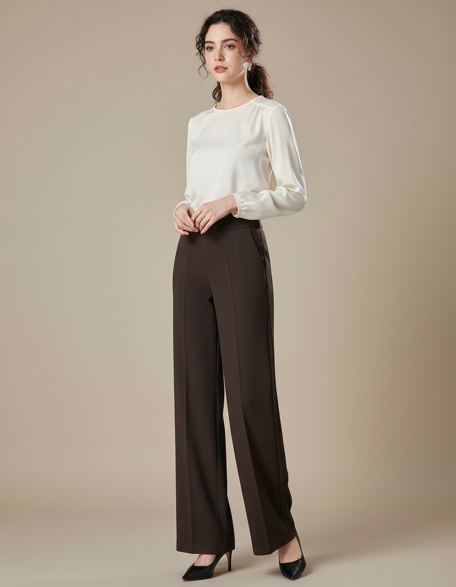 Pantalon Marron Élégant Ample Taille Haute Femme - Polyester