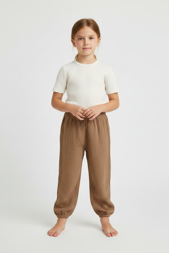 Pantalon Marron Ample Côtelé Élastique Confortable Enfant - Coton