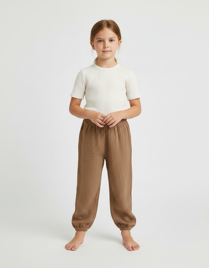 Pantalon Marron Ample Côtelé Élastique Confortable Enfant - Coton