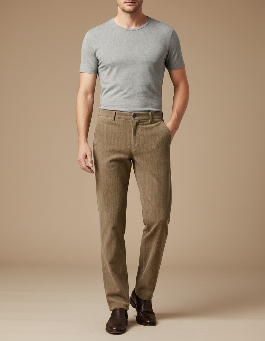 Pantalon Marron Côtelé Droit Élégant Classique Homme - Camel Cordé