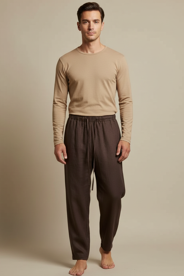 Pantalon Marron Lin Ample Décontracté Léger Droit