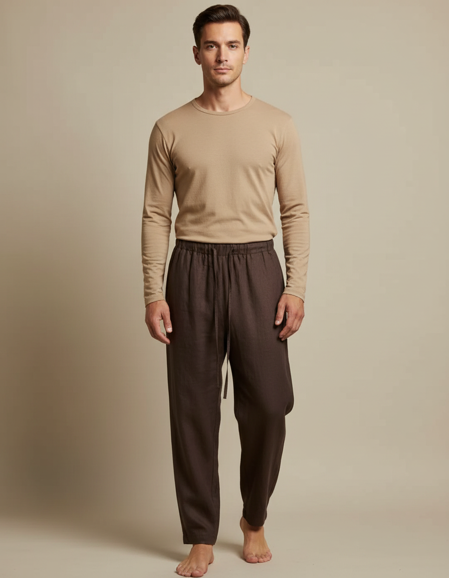 Pantalon Marron Lin Ample Décontracté Léger Droit