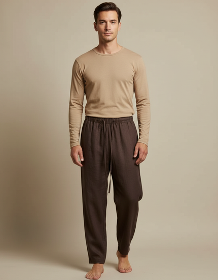 Pantalon Marron Lin Ample Décontracté Léger Droit
