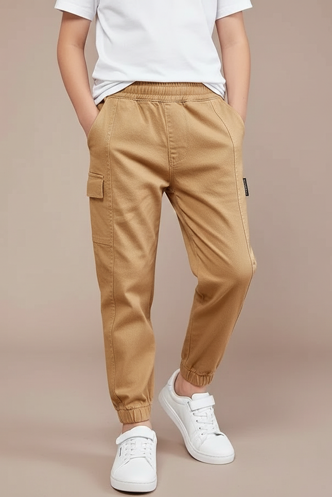 Pantalon Marron Garçon Coton Cargo Jogger Élastique - Camel