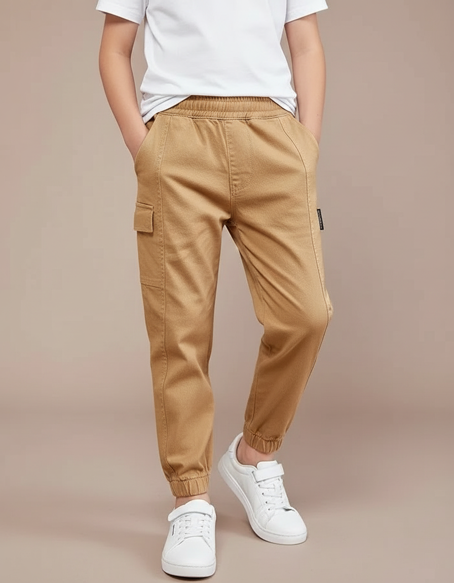 Pantalon Marron Garçon Coton Cargo Jogger Élastique - Camel