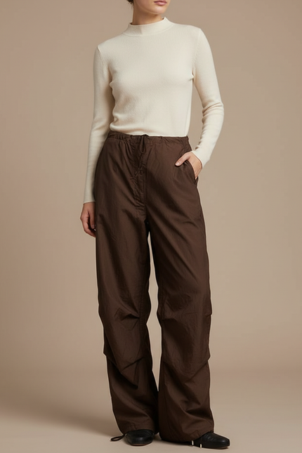 Pantalon Marron Ample Taille Basse Décontracté - Polyester