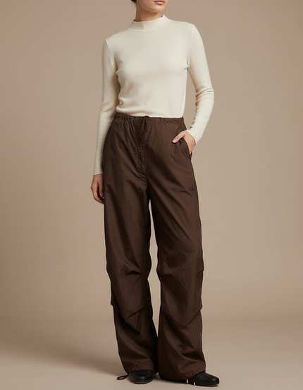Pantalon Marron Ample Taille Basse Décontracté - Polyester
