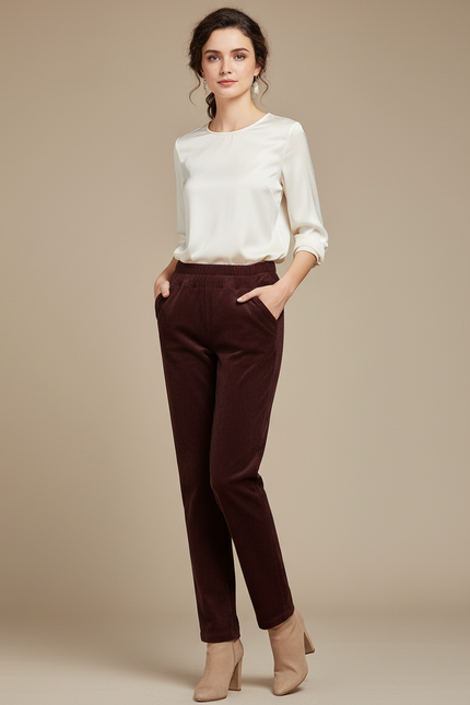 Pantalon Marron Côtelé Slim Taille Haute Femme - Cordé