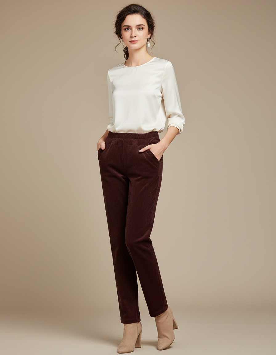 Pantalon Marron Côtelé Slim Taille Haute Femme - Cordé