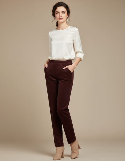 Pantalon Marron Côtelé Slim Taille Haute Femme - Cordé