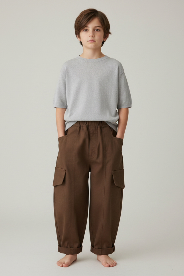 Pantalon Marron Cargo Ample Coton Enfant Décontracté - Toile