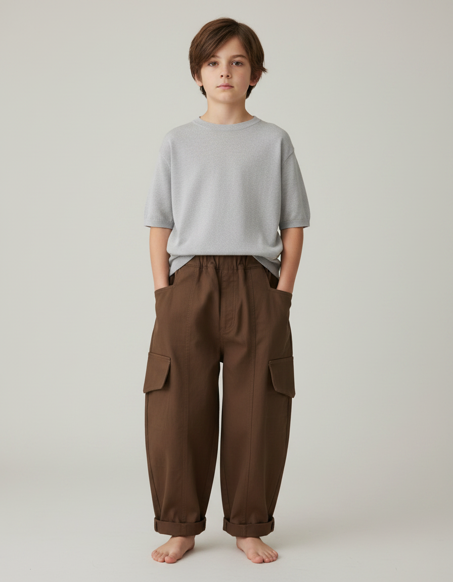 Pantalon Marron Cargo Ample Coton Enfant Décontracté - Toile