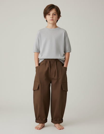 Pantalon Marron Cargo Ample Coton Enfant Décontracté - Toile
