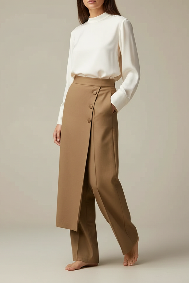 Pantalon Marron Élégant Droit Taille Haute Femme - Gabardine