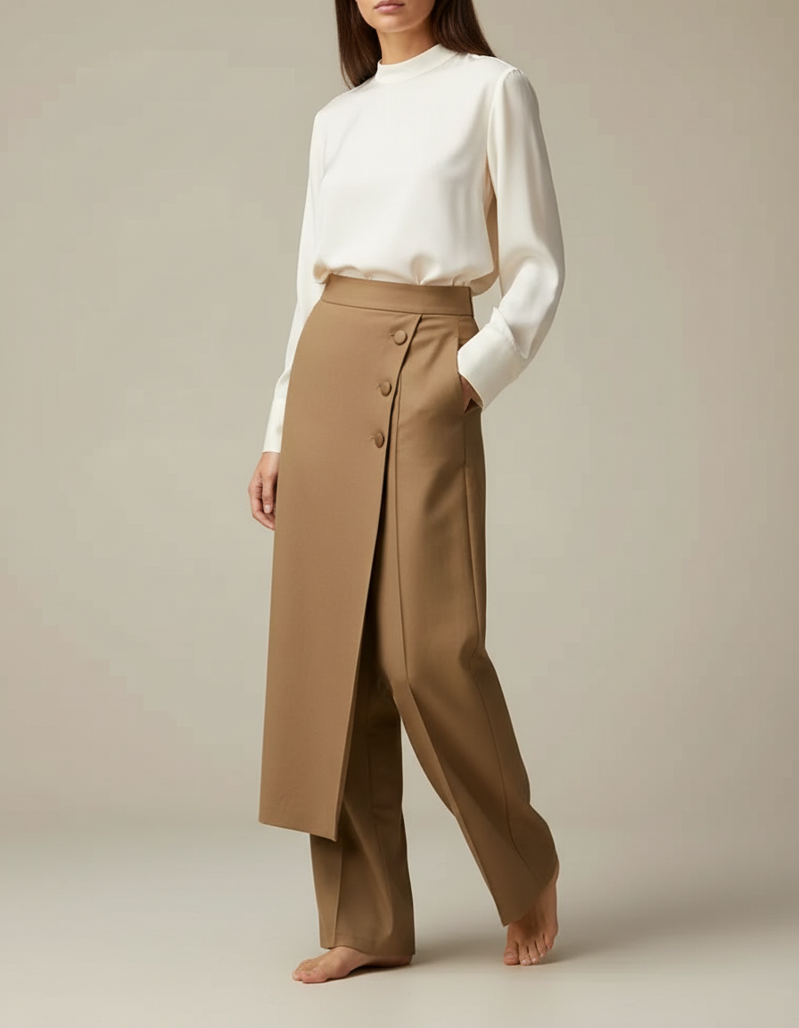 Pantalon Marron Élégant Droit Taille Haute Femme - Gabardine