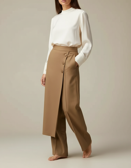 Pantalon Marron Élégant Droit Taille Haute Femme - Gabardine