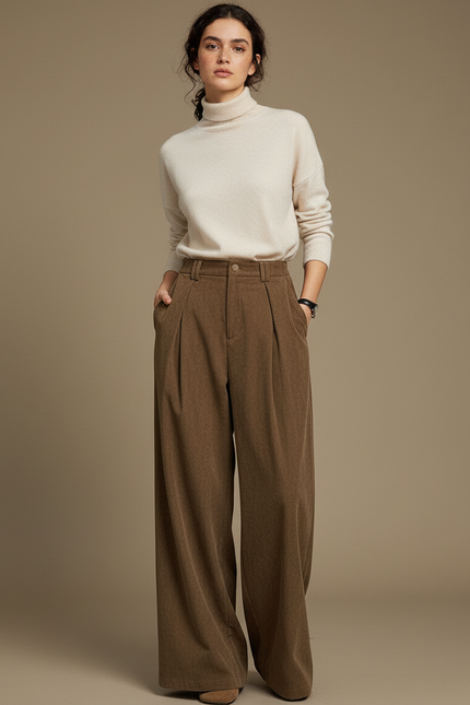 Pantalon Marron Velours Ample Plissé Confortable Femme