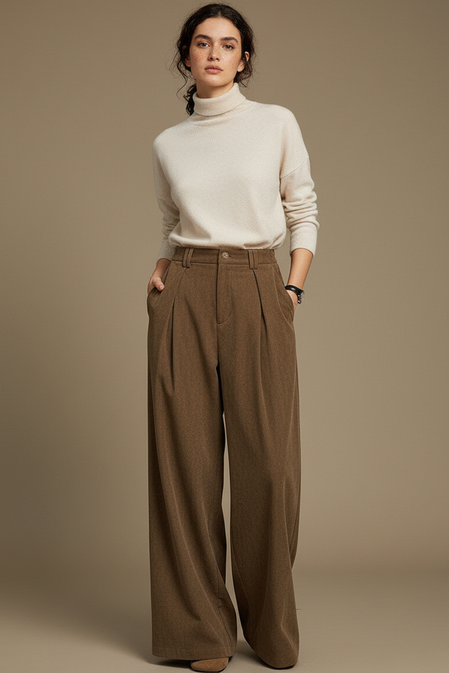 Pantalon Marron Velours Ample Plissé Confortable Femme