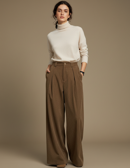 Pantalon Marron Velours Ample Plissé Confortable Femme