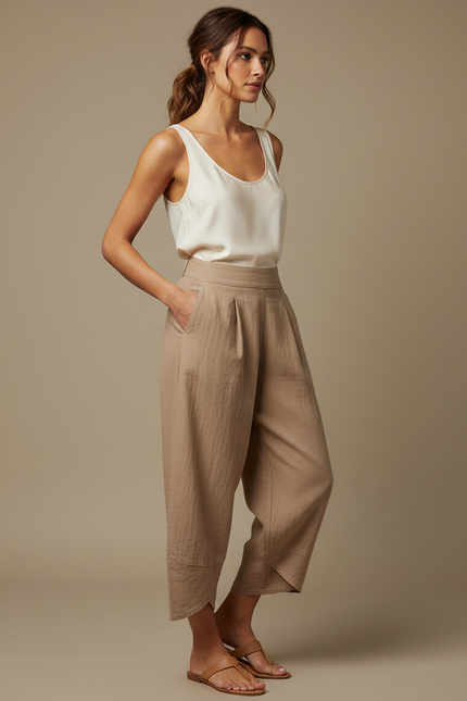 Pantalon Marron Ample Lin Plissé Décontracté Femme - Camel