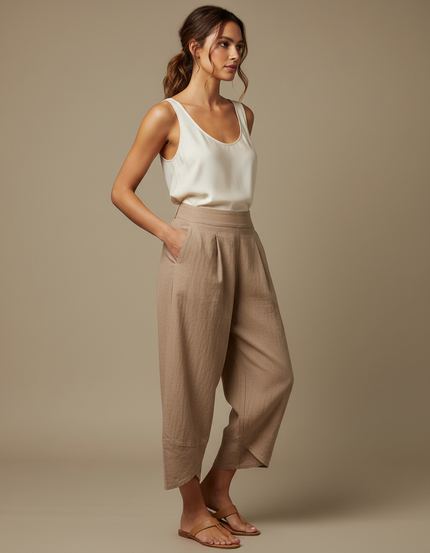 Pantalon Marron Ample Lin Plissé Décontracté Femme - Camel