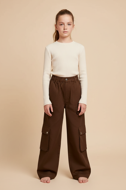 Pantalon Marron Cargo Ample Enfant Fille - Toile