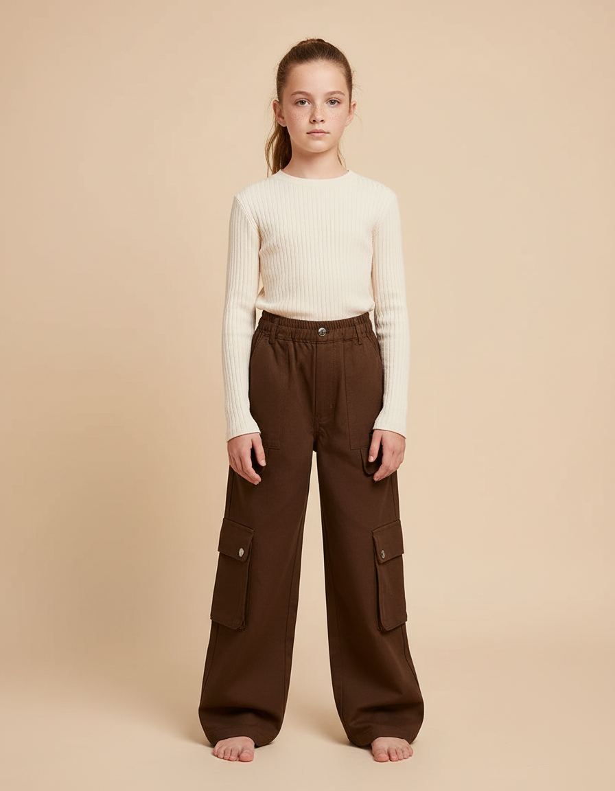 Pantalon Marron Cargo Ample Enfant Fille - Toile