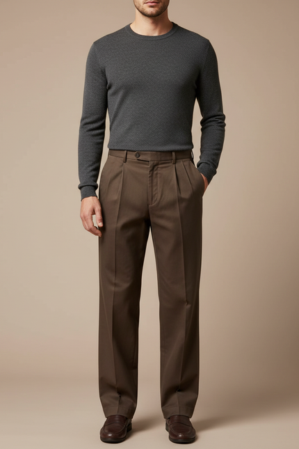 Pantalon Marron Plissé Coton Ample Élégant - Gabardine