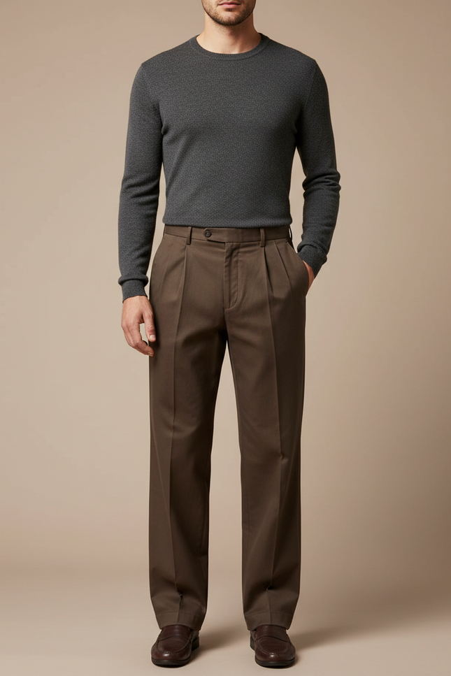 Pantalon Marron Plissé Coton Ample Élégant - Gabardine