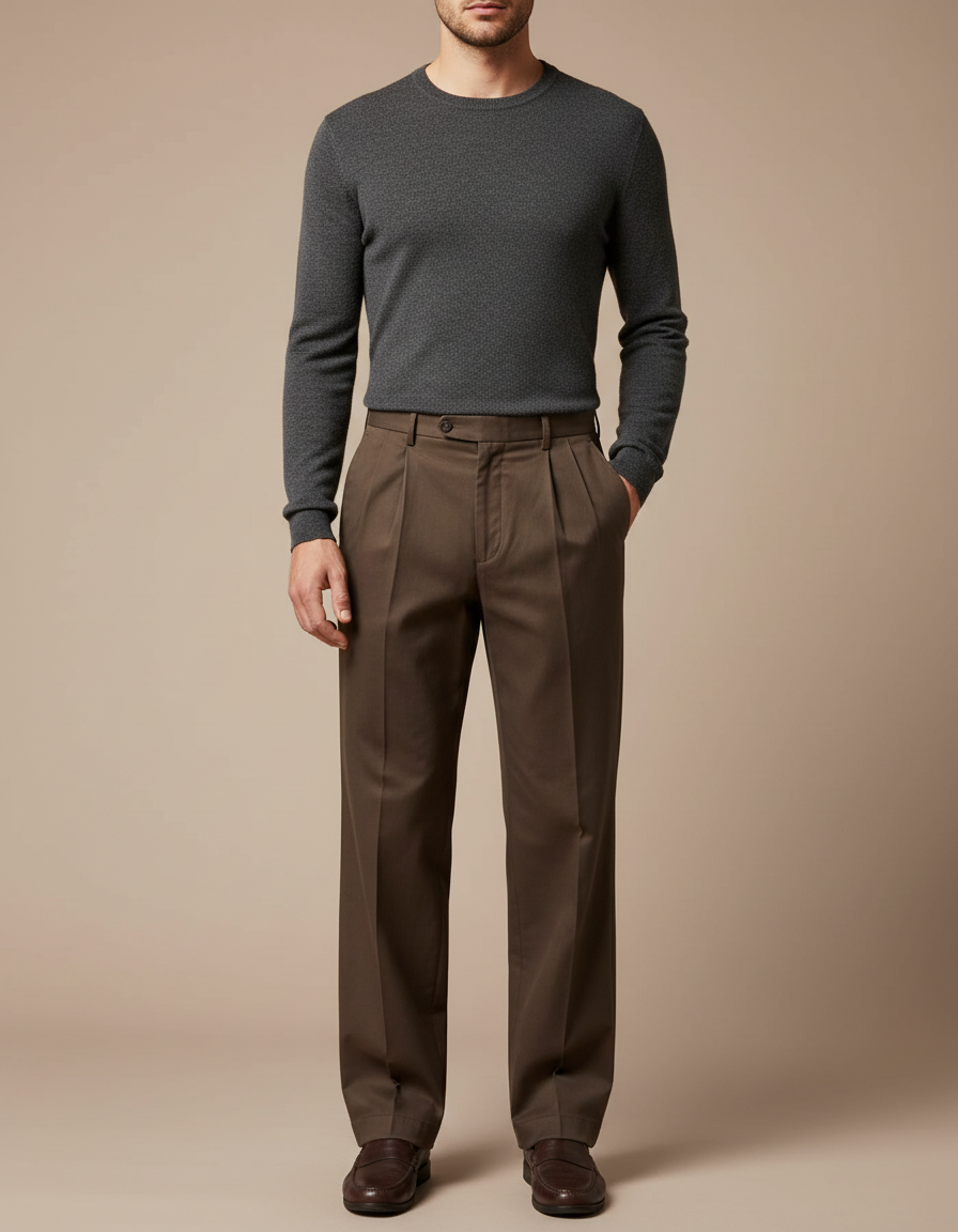 Pantalon Marron Plissé Coton Ample Élégant - Gabardine